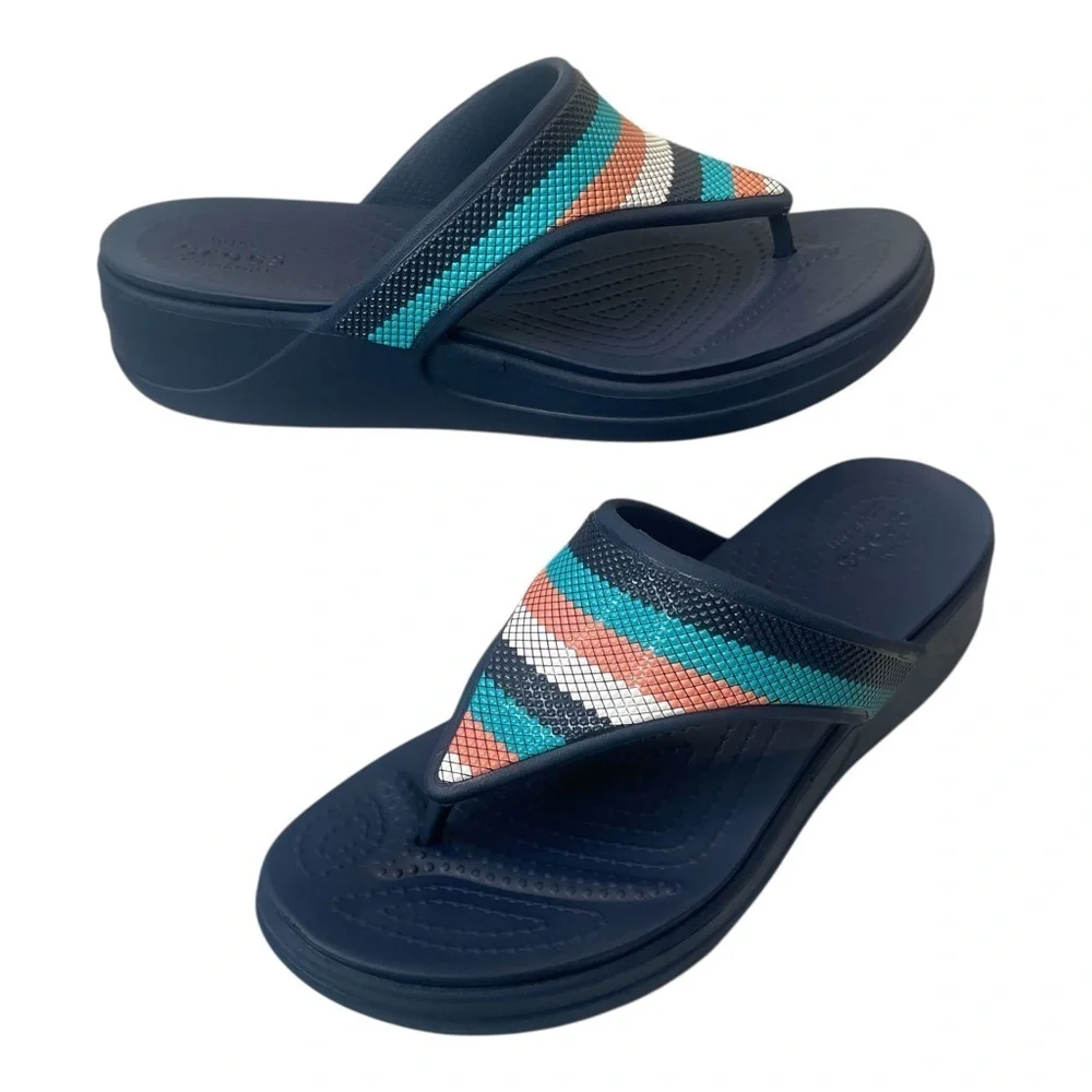 CROCS Monterey Beaded Strap Wedge Slip On Comfort Sandals Blue Women’s size 9